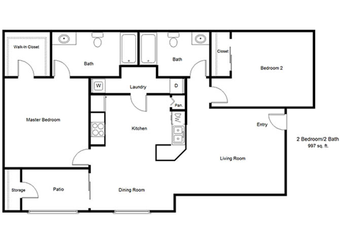 Floor plan for 2 beds, 2 baths, 997 sqft